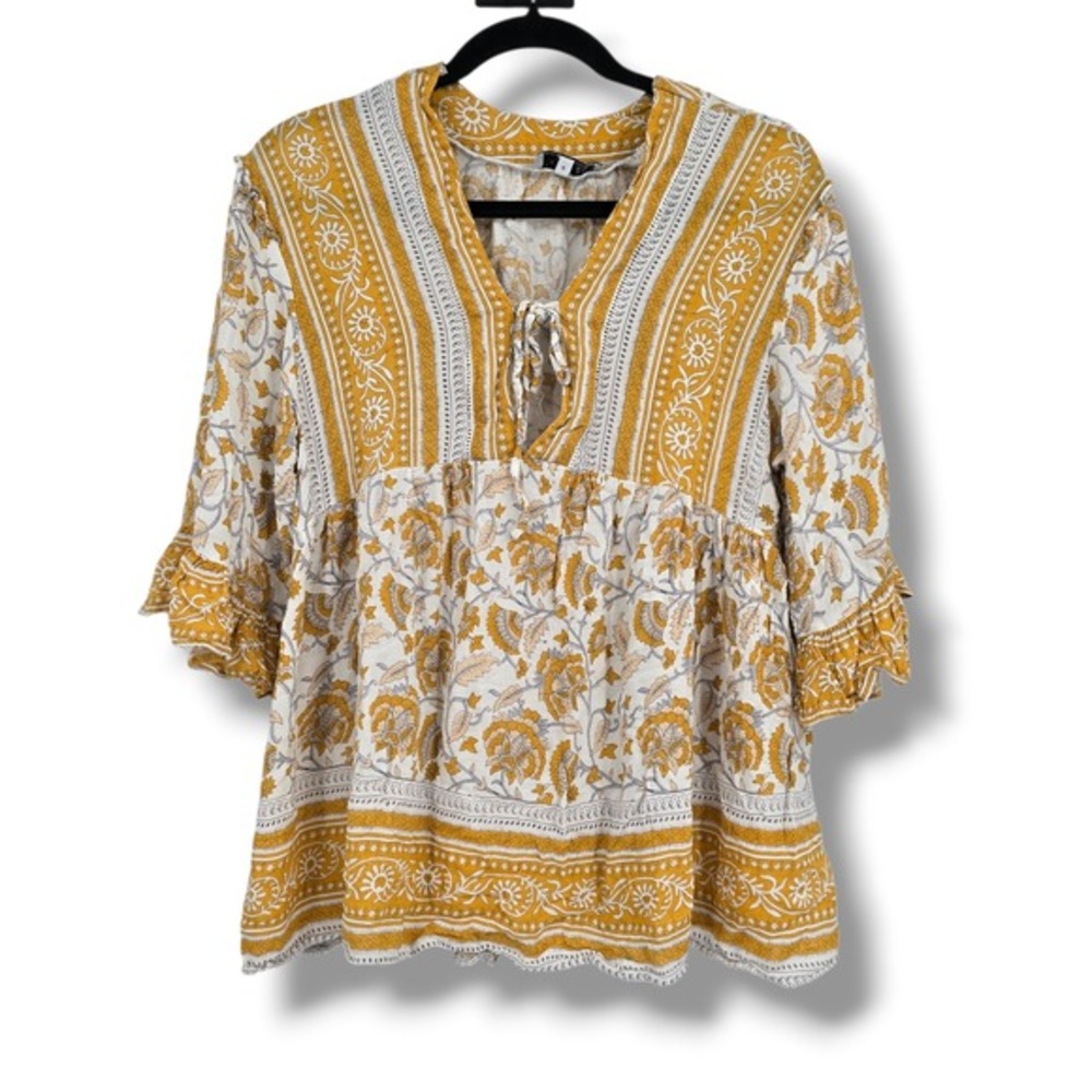 Rachel Zoe Womens Mustard Yellow Floral Boho Babydoll Blouse Ruffle Sleeve Small